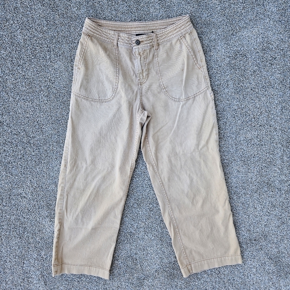 Prana San go Wide Leg Crop Pants Carpenter Cotton Tan Distressed Capris Womens 6